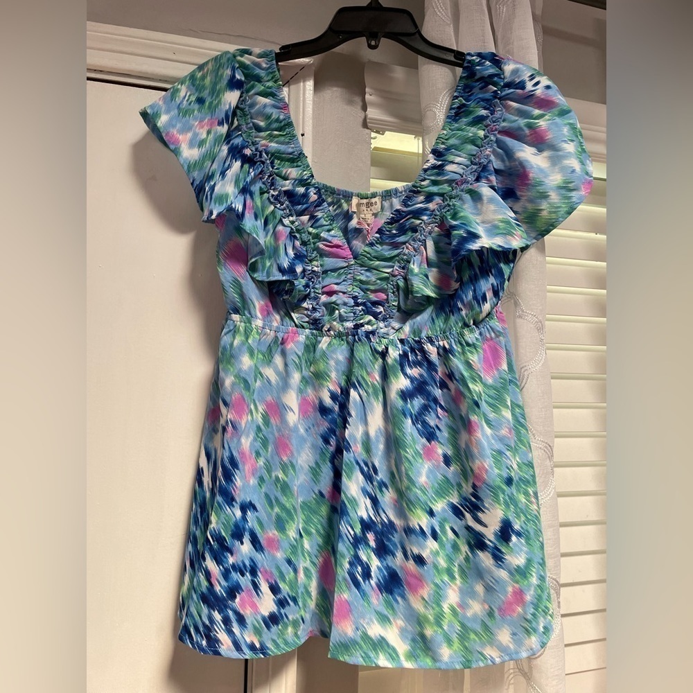 Umgee Abstract Elastic V Neck Ruffle Top - Picture 5 of 8